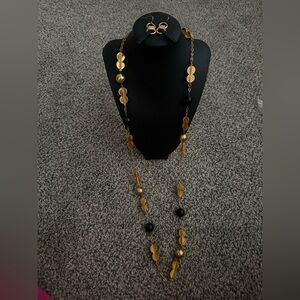 Elegant Gold and Black Bead Long Necklace with Matching Earrings Tory Burch